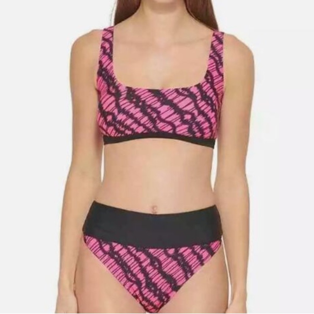 NWT DKNY Pink and Black abstract high waist  bikini set size medium